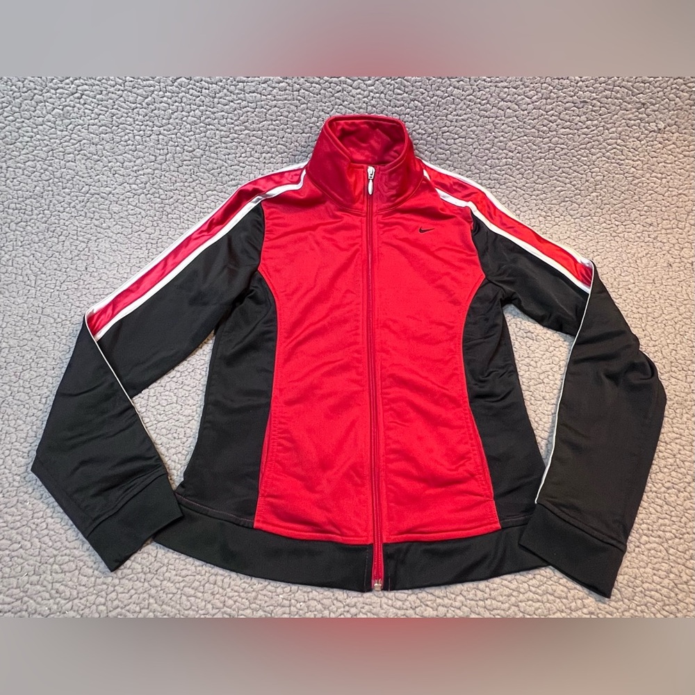 Vintage Nike Durasheen Full Zip Track Jacket Girls Size M Red Black & White